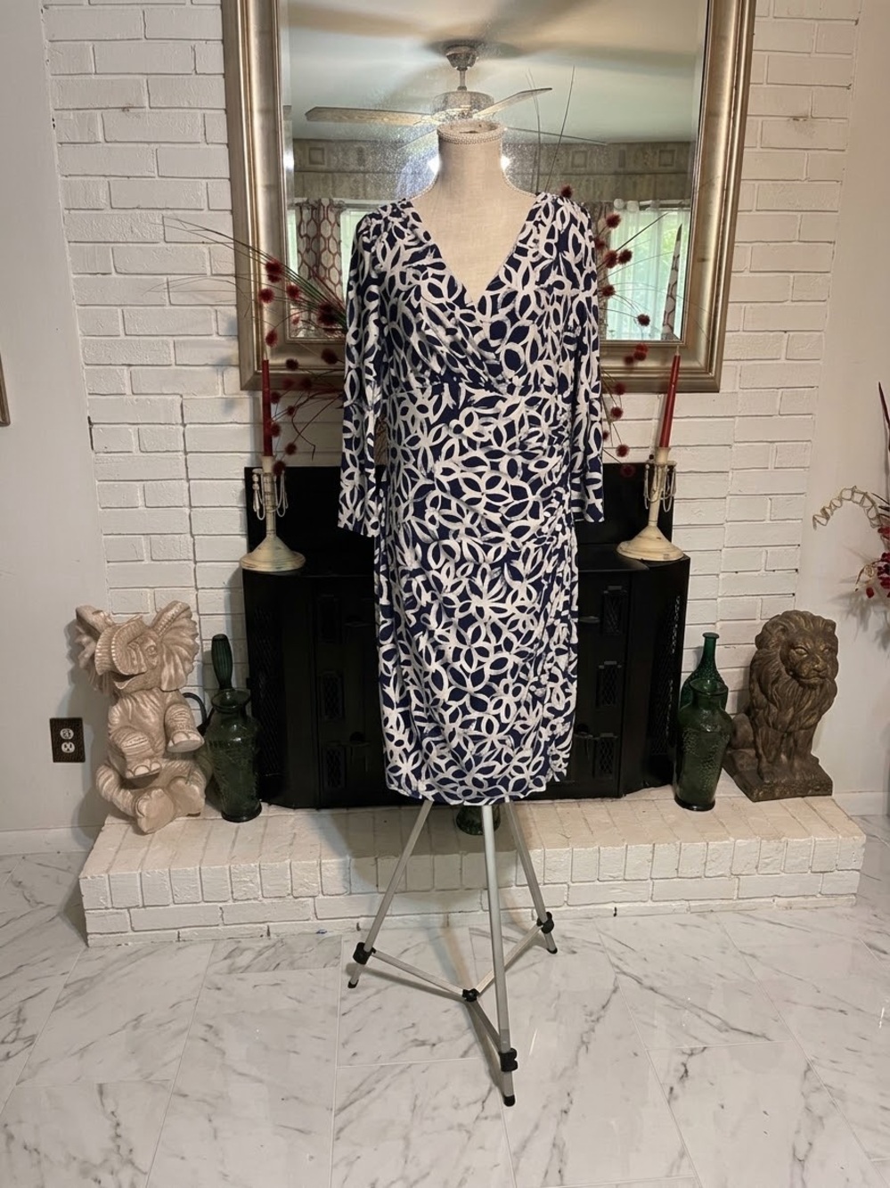 Lauren Ralph Lauren Navy White Geometric Floral Jersey Wrap Dress Size 14